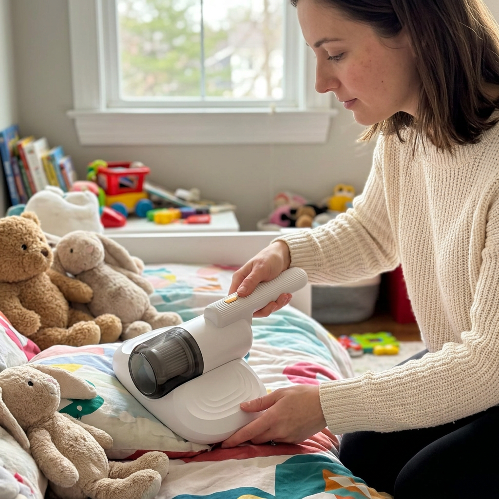 Mom cleaning a kid's pillow with the white PureNest bed vacuum