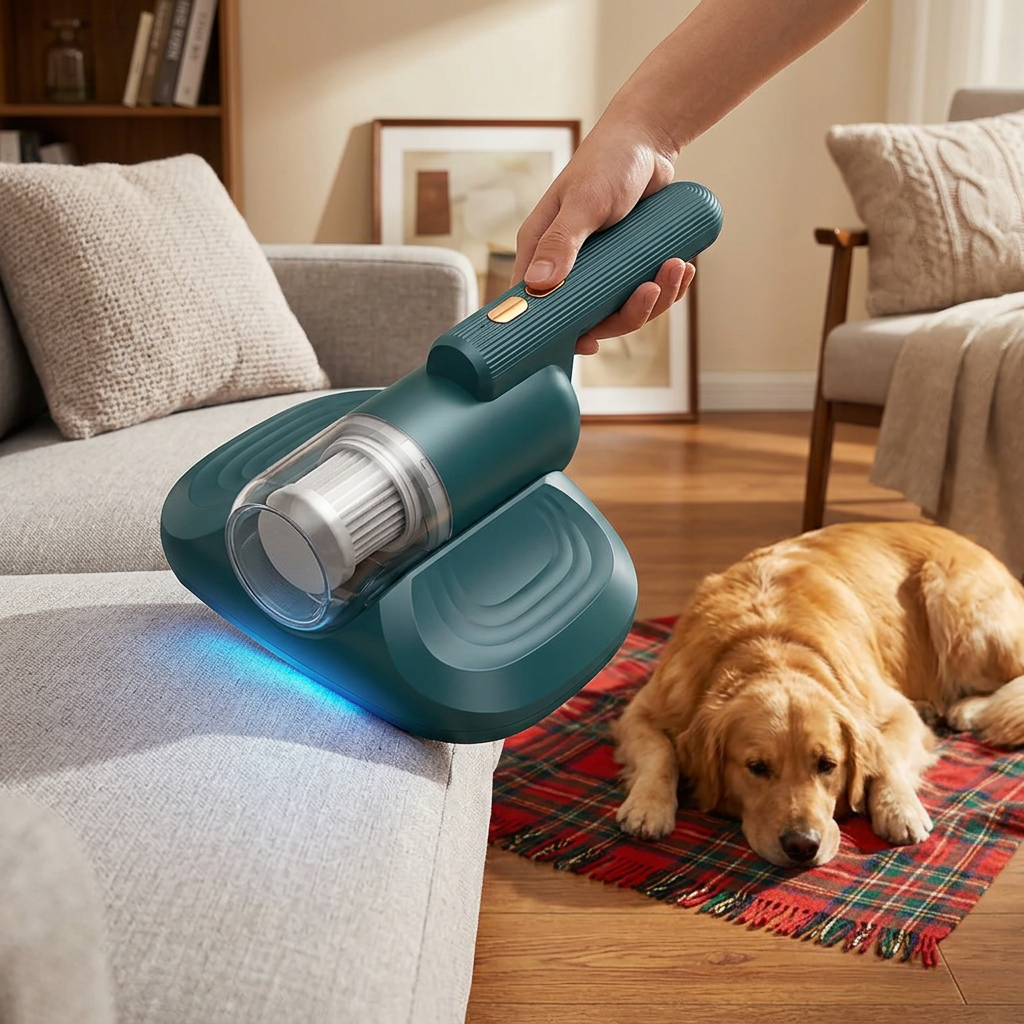 Using the green PureNest on a fabric couch in a pet-friendly home