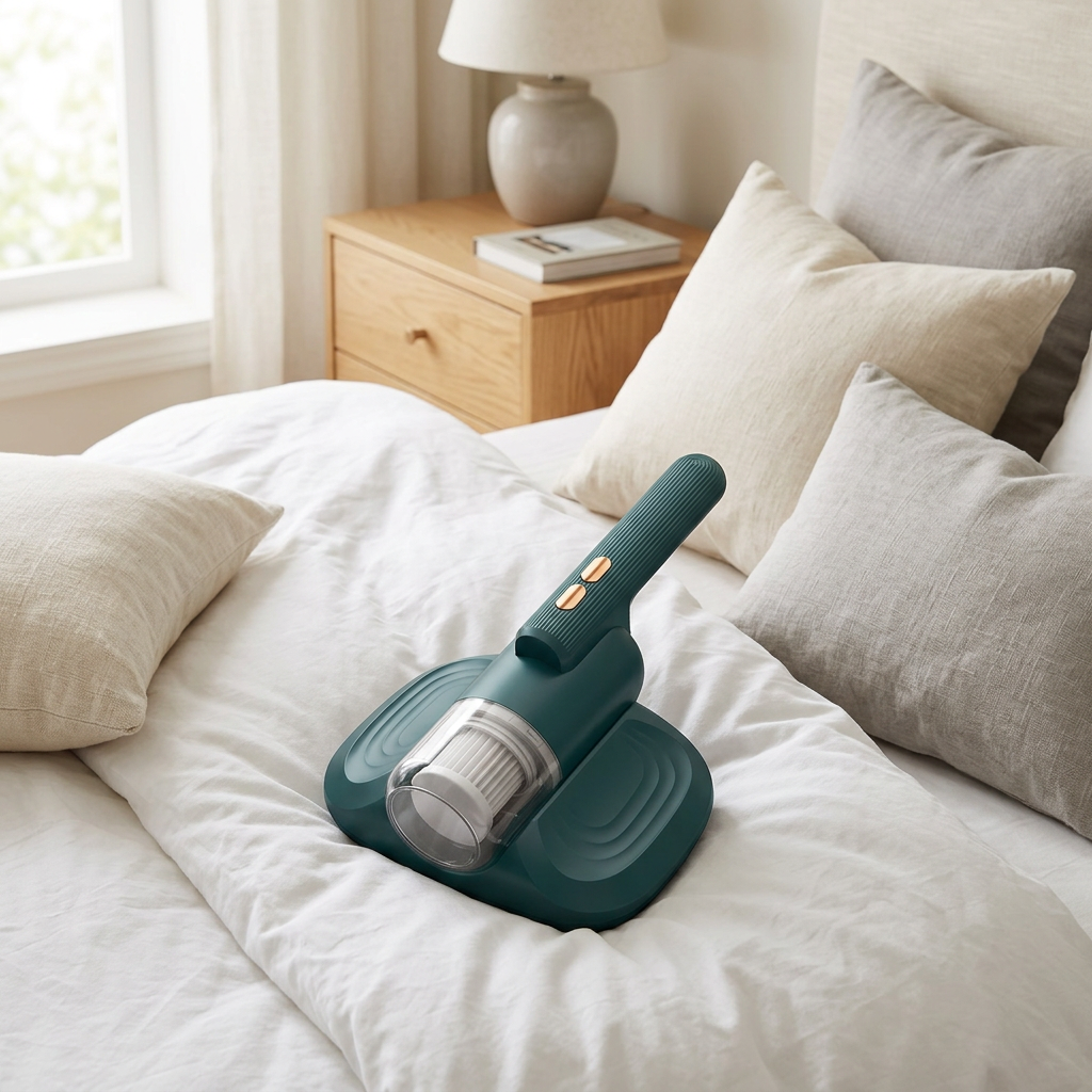 Green PureNest UV bed vacuum on a freshly made bed