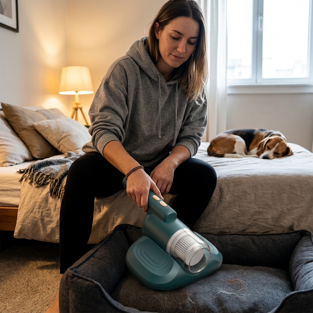 Removing dog hair from a pet bed with the green PureNest vacuum