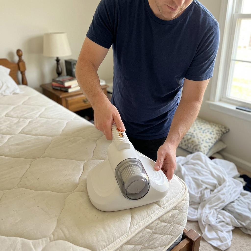 Cleaning a bare mattress with the white PureNest bed vacuum